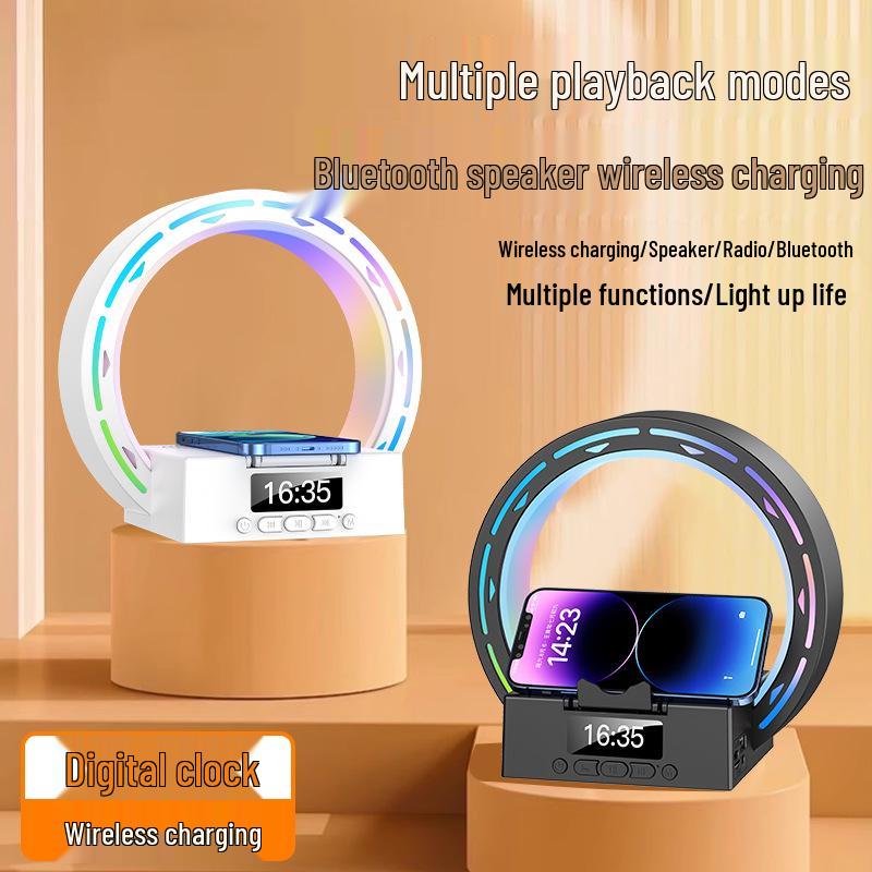 L-35 Bluetooth Speaker with Wireless Charger, Night Light, Clock, and Phone Stand