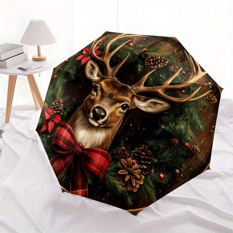Christmas Deer Wreath Wooden Sign DecorationUmbrella, PortableFold Compact Umbrella for Men & Women Gift