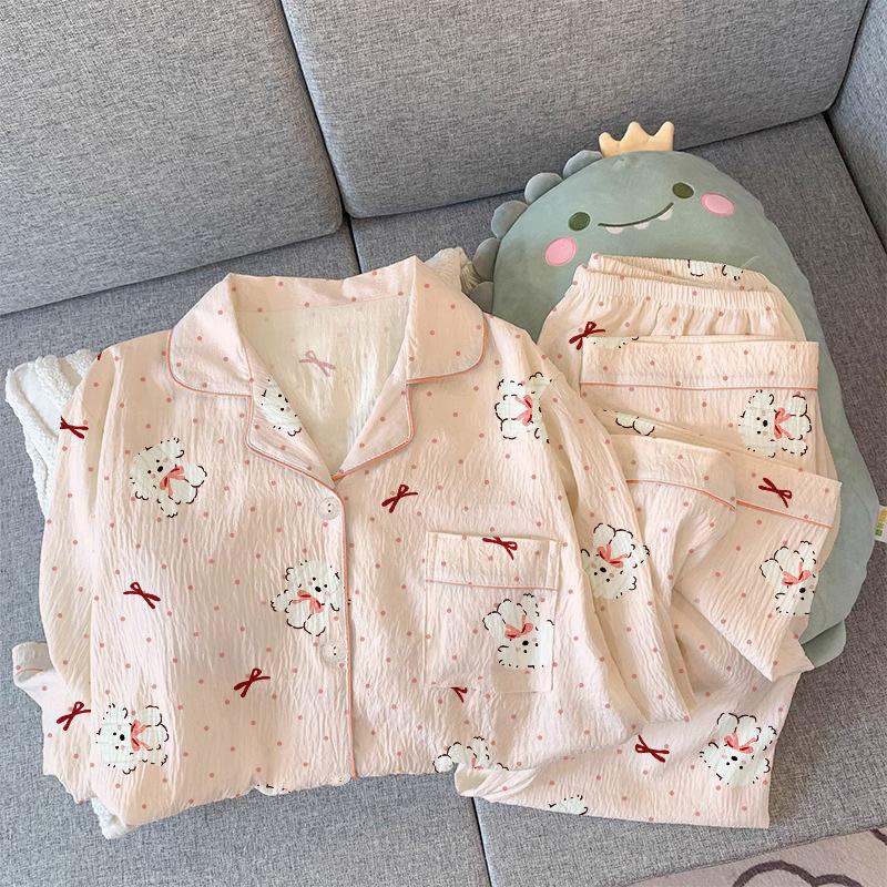 Polka Dot Pajamas Women'S Spring Long-Sleeved Trousers Pink Puppy Cartoon Can Be Worn Outside Loungewear Set