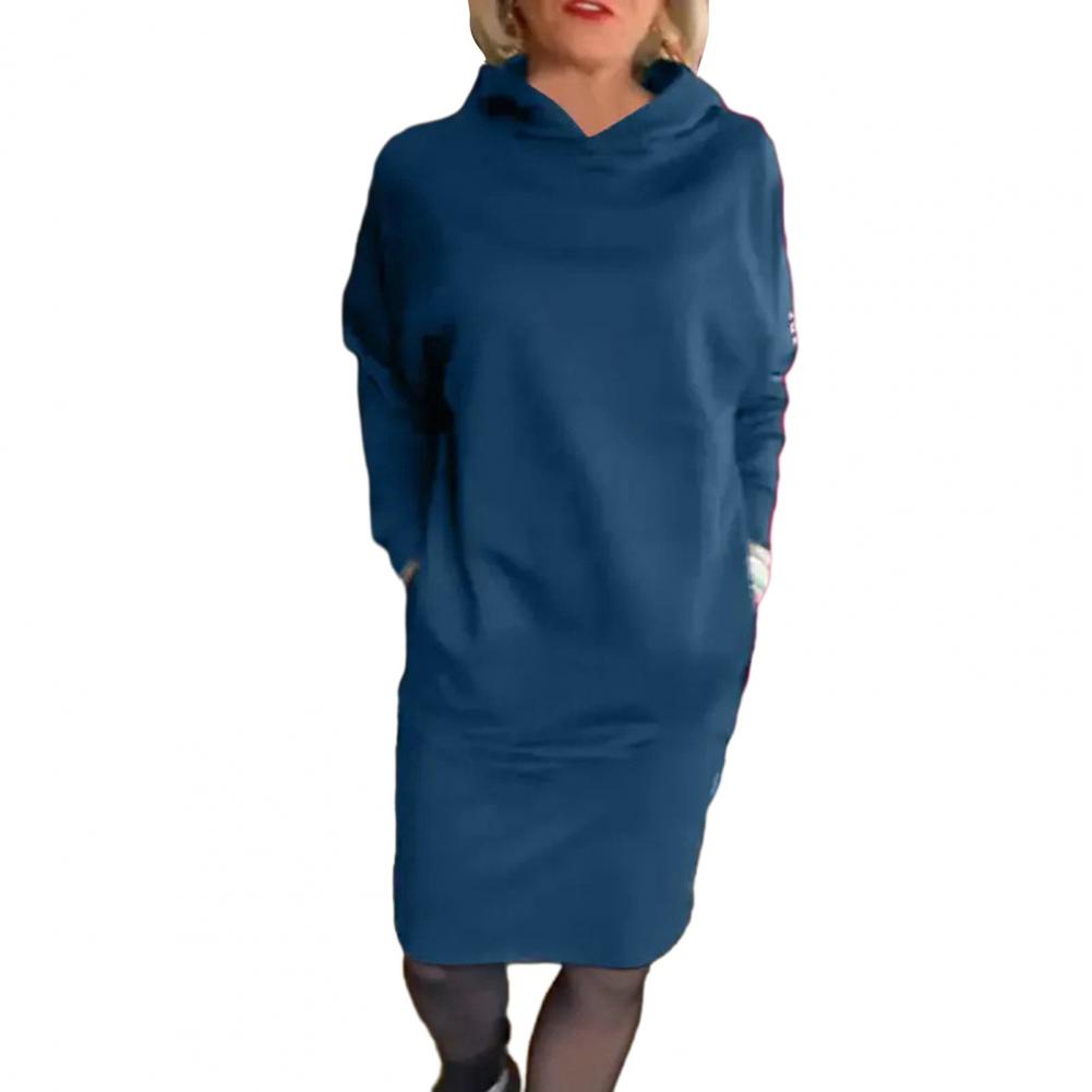 Women Dress Hooded Loose Solid Color Long Sleeve Pullover Knee Length Thick Warm Casual Fall Spring Midi Dress
