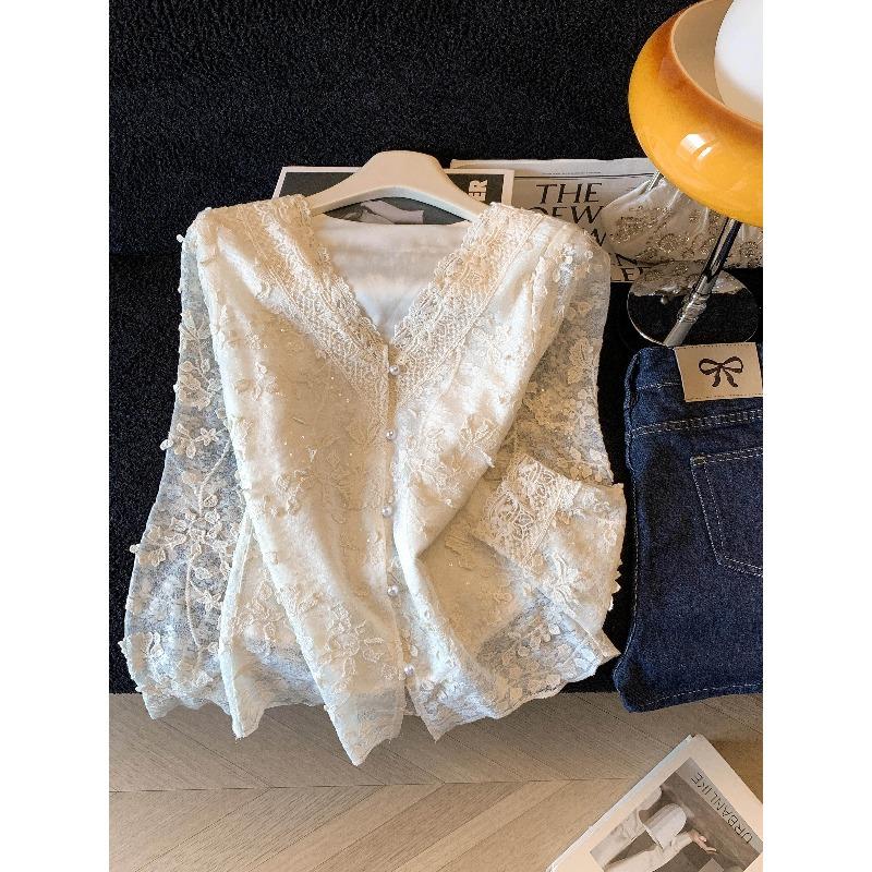 Lace V-Neck Pearl Breasted Shirt~ Spring Loose Temperament Top