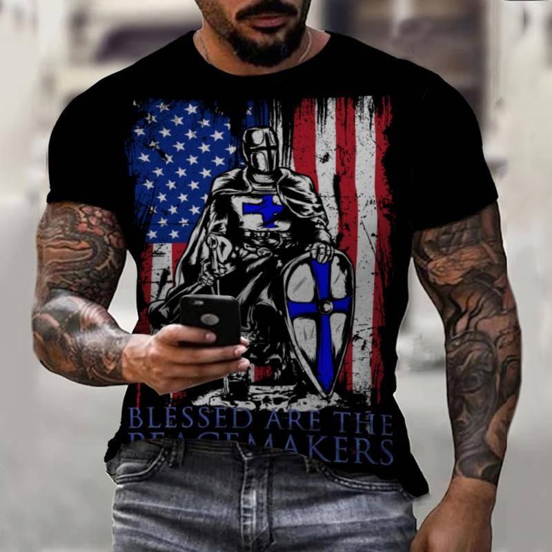 

Round Neck 3D Knight Printed Fashionable Casual Short Sleeved Men s T-shirts - Soft Medium Stretch Polyester Fabric Summer Relaxed Fit Clothing 6XL