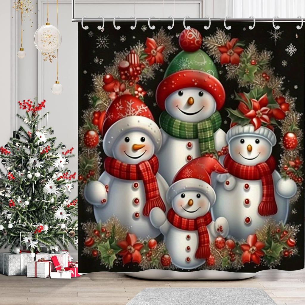 Christmas Tree Snowman Print Bathing Curtain Bathroom Shower Curtain With 12 Hooks Bathroom Home Decor And Accessories