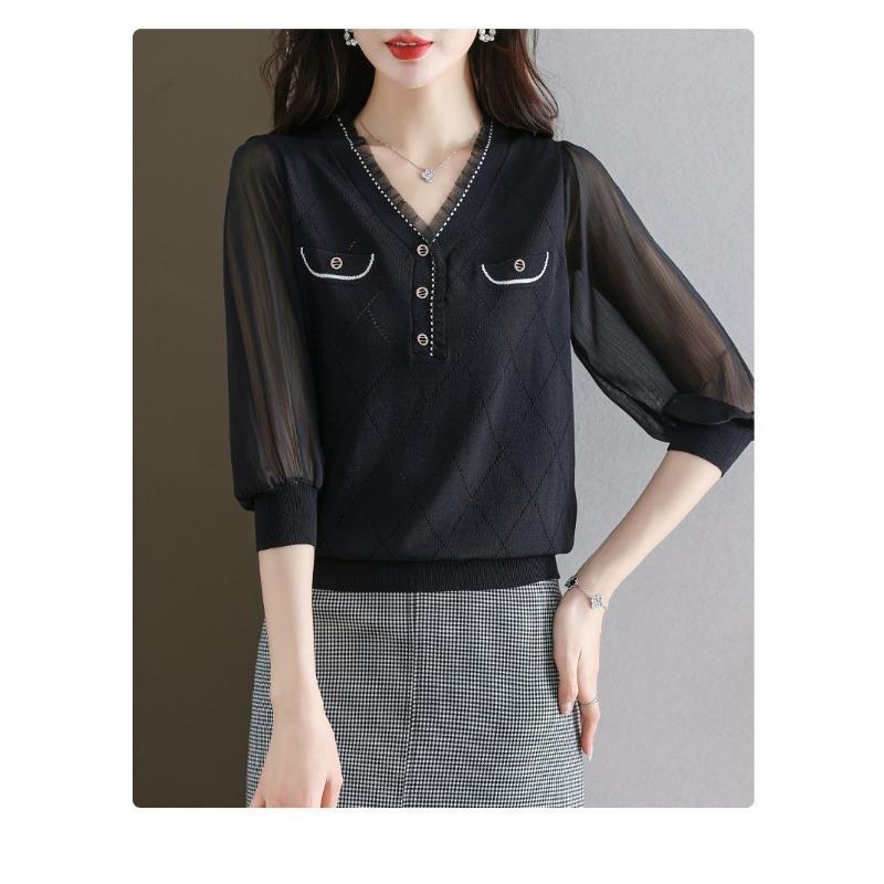 Chiffon Shirt Thin Base T-shirt Gauze Sleeve Top Seven-quarter Sleeve Elegant Versatile Ice Silk Sweater Women