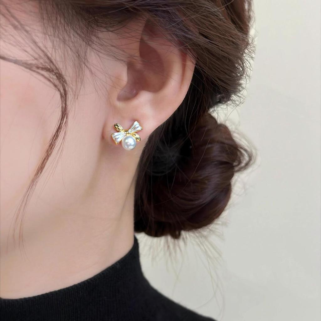 Bowknot Baked Paint Color Block Freshwater Pearl Stud Earrings