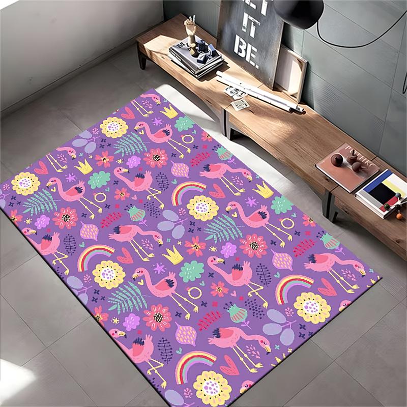 Colorful Flamingo Print Carpet with Flowers and Rainbow Design Suitable for Use As an Anti-slip for Living Room Bedroom Sofas