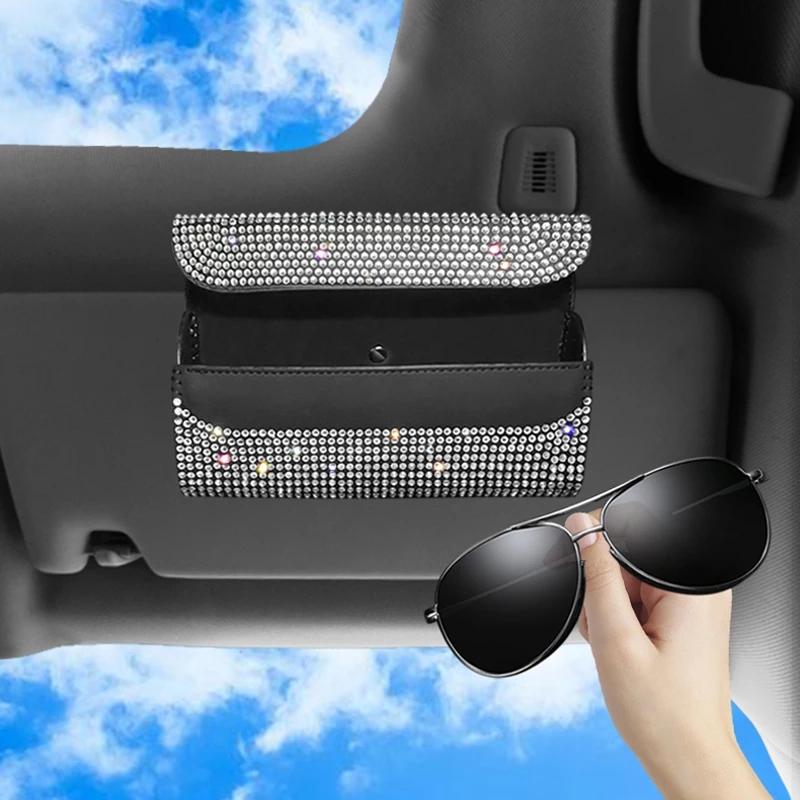 Factory Price Diamond Car Visor Sunglasses Case Holder Eye Glasses Box Organizer Rhinestone Sunshade Storage Box Car Accessories