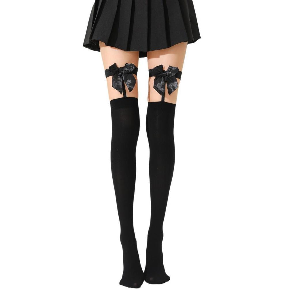 "Spring/Autumn Black Non-Slip Bow Suspender Stockings – Over-the-Knee Sexy Style"