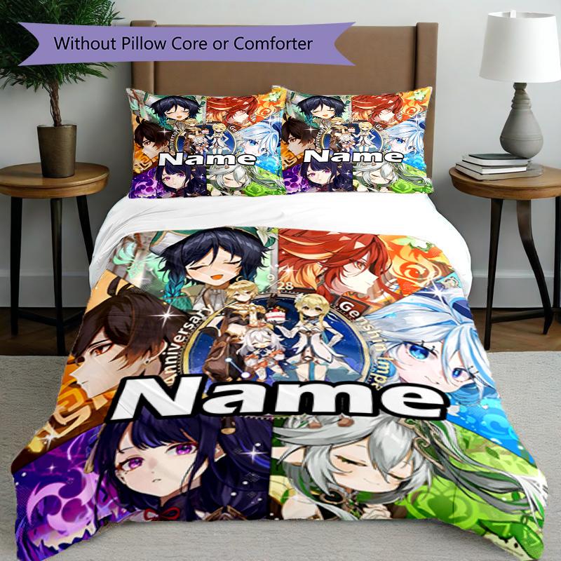 3pcs Duvet Cover Set (1*Duvet Cover + 2*Pillowcase, Without Core), Custom Name Genshin Impact Pattern Bedding Set, Home Bedroom Decor Gift