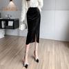 Women Midi Skirt High Waist Irregular Front Slit Design Golden Velvet Skirt Solid Color Design Leg-shaping Skirt
