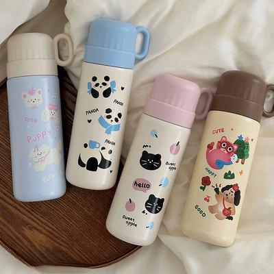500ml Cartoon Edelstahl Tragbarer Thermobecher, Niedlicher Studenten-Wasserbecher, Outdoor-Becher mit einem Deckel für doppelte Nutzung, Vakuumisolierte Flasche