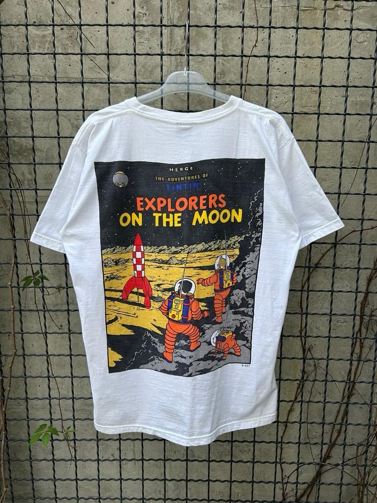 Unisex Cotton T-shirt Vintage 90s The Adventure of TinTin Moon Comics T-shirt Size L
