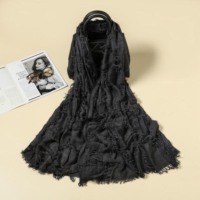 10 Colors Ripped Hole Tassel Hip Hop Punk Scarf Women Cotton Linen Gothic Vintage Hijab Ethnic Style Techwear Cape чёрный
