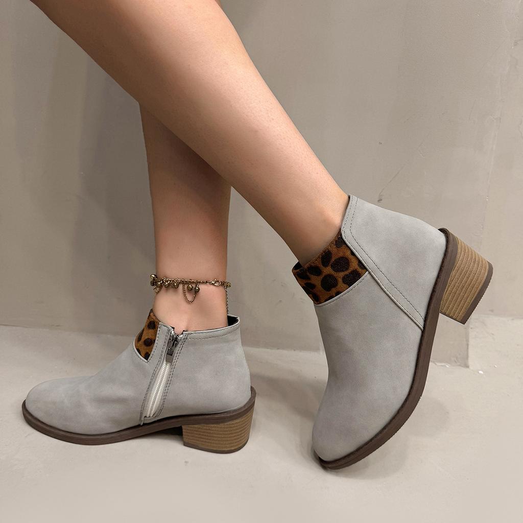 Modische Wildleder Leopardenmuster Spitzkopf Stiefeletten für Damen Mode Herbst Damenschuhe Dicke Hohe Absätze Kurzer Reißverschluss Chelsea Botines