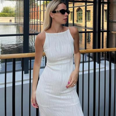 Texture White Bodycon Dress Sexy Spaghetti Strap Backless Slit Long Dresses for Women Elegant Party Outfits N18CZ30