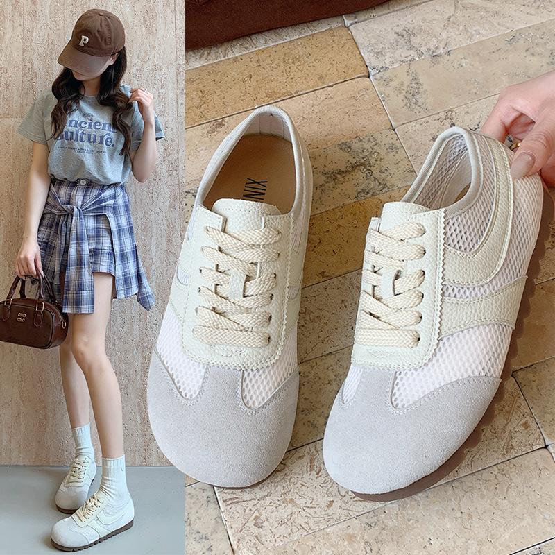 

Retro mesh empty women s 2025 summer new flat-bottomed lace-up leather casual sneakers 35 бежевый