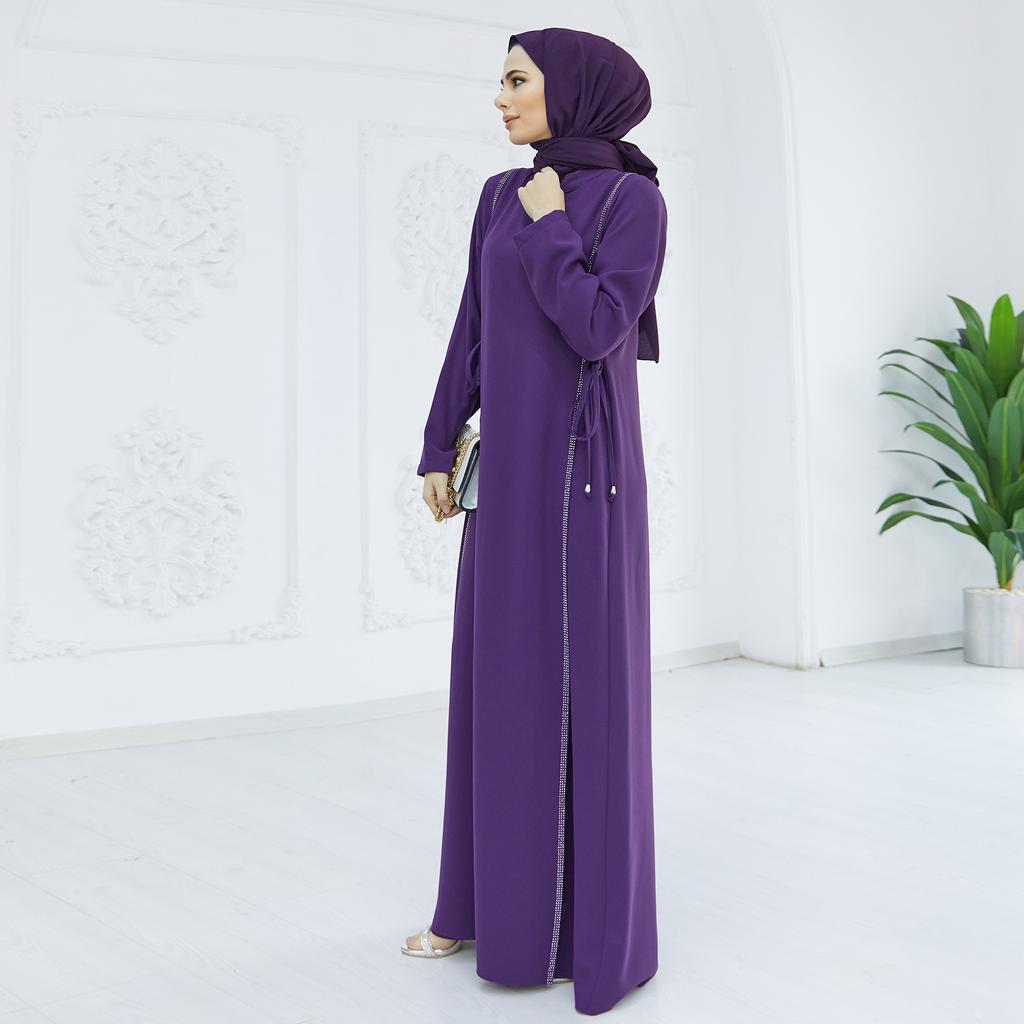 Side Tie Long Sleeve Plus Size Muslim Women Dress Abaya