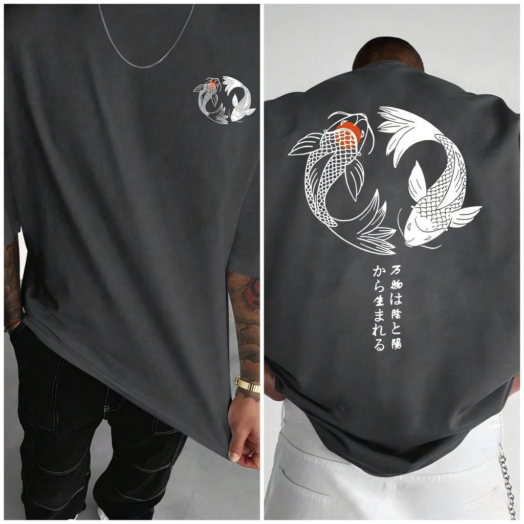 Japanese Koi Harajuku Illustration Pattern T-Shirt Men Summer Casual T Shirt Soft Fashion Short Sleeve Loose Cotton Sportswear