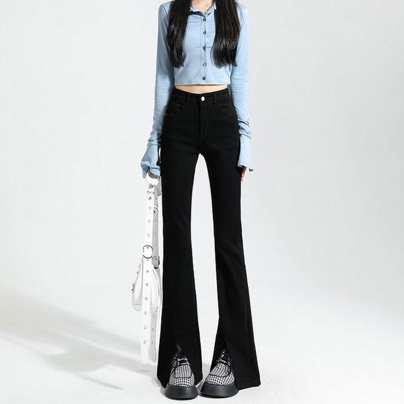 Damen Schwarz High-Waist Schlagjeans mit Schlitzen, Petite Slim Fit, Herbst/Winter.