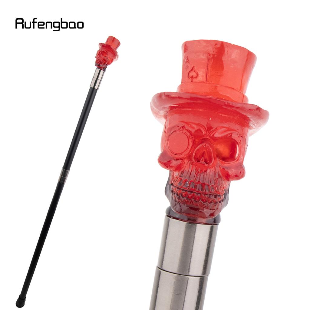Red Hat Transparent Resin Skull Head Walking Cane Fashion Decorative Steel Stick Gentleman Performance Stage Cane 93cm