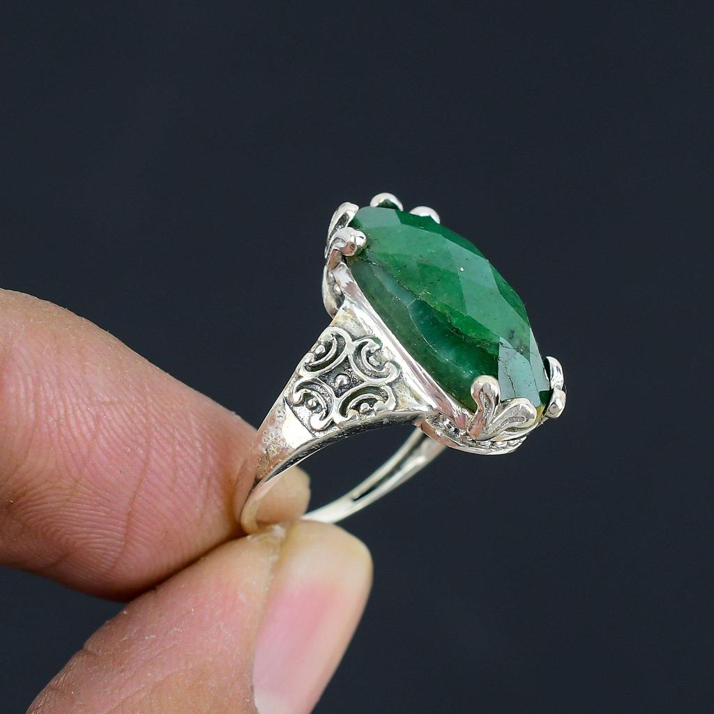 Natural Emerald Checkerboard Cut Gemstone 925 Sterling Silver Statement Ring For Women & Girls