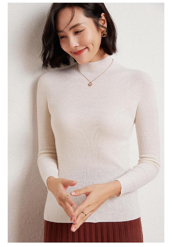 Machine Washable Fine-Spun Wool Sweater: 2026 Autumn/Winter Women's Slim Fit Knit with Half-High Collar.