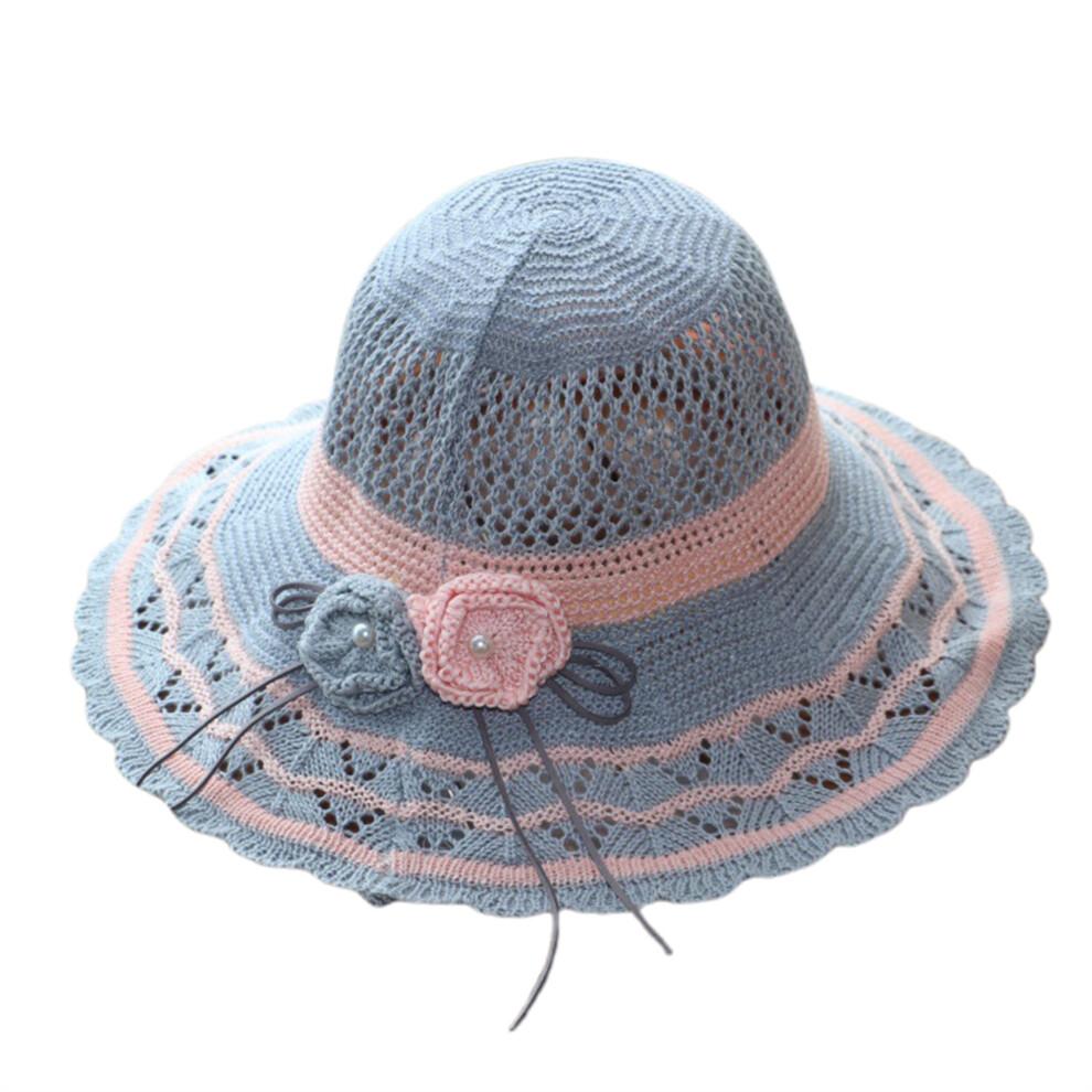 (One Size, Gray) Women Summer Knit Sun Hat Breathable Crochet Flower Wide Brim Sun Protection Fisherman Cap