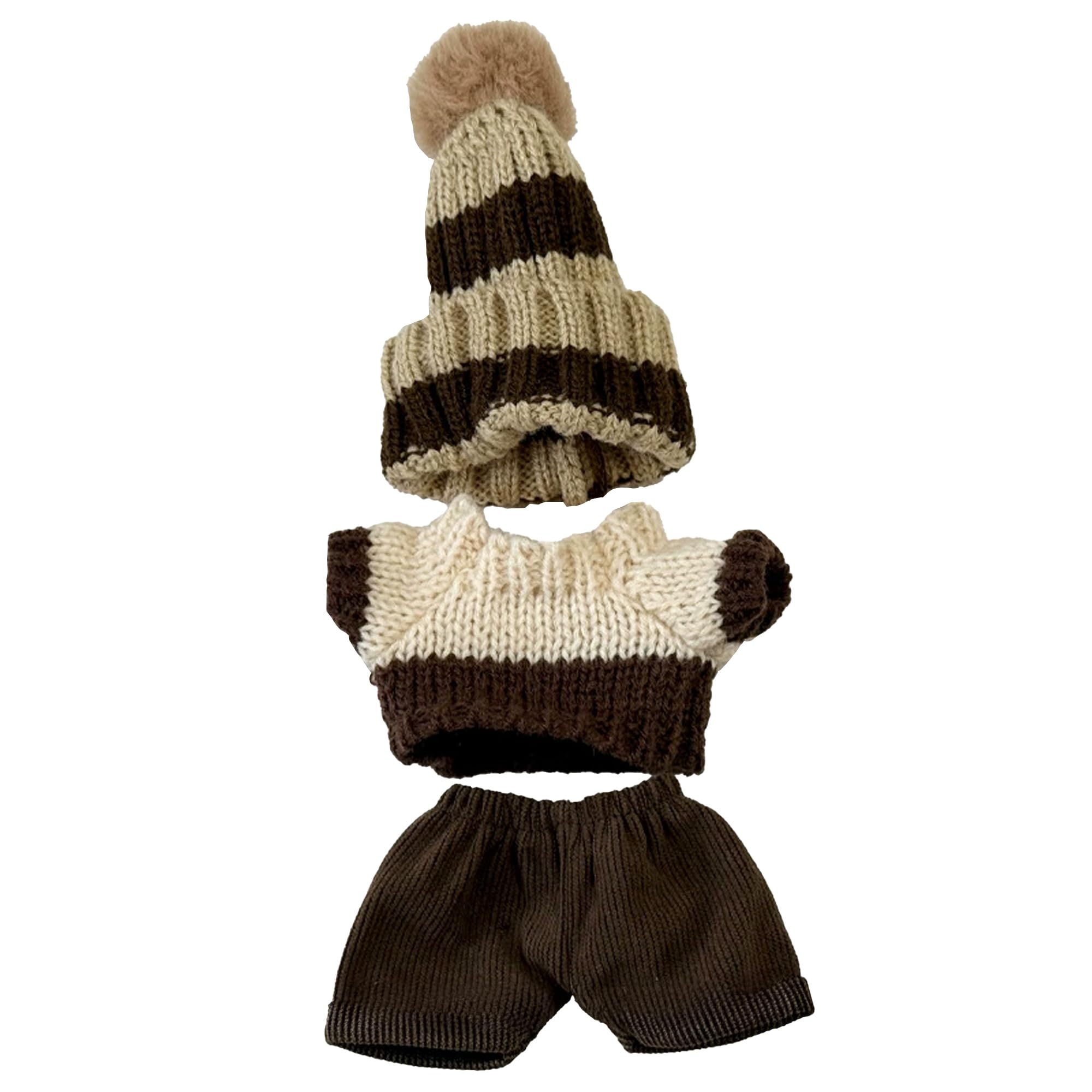 

Striped knit hat, sweater, and pants set for 10cm plush dolls. Brown. Perfect for mascots, idols, and other fan activities. [Used]