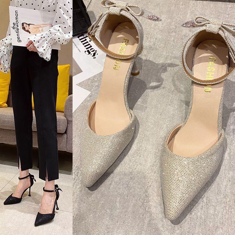 European and American pointed thin heel sequined hollow fashion sandals 2025 summer new fashion casual professional high heels