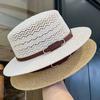 Belt Buckle Flat Top Straw Hat Retro Women'S Summer Uv Protection Sun Hat Hollow Breathable Vacation Sun Protection Top Hat