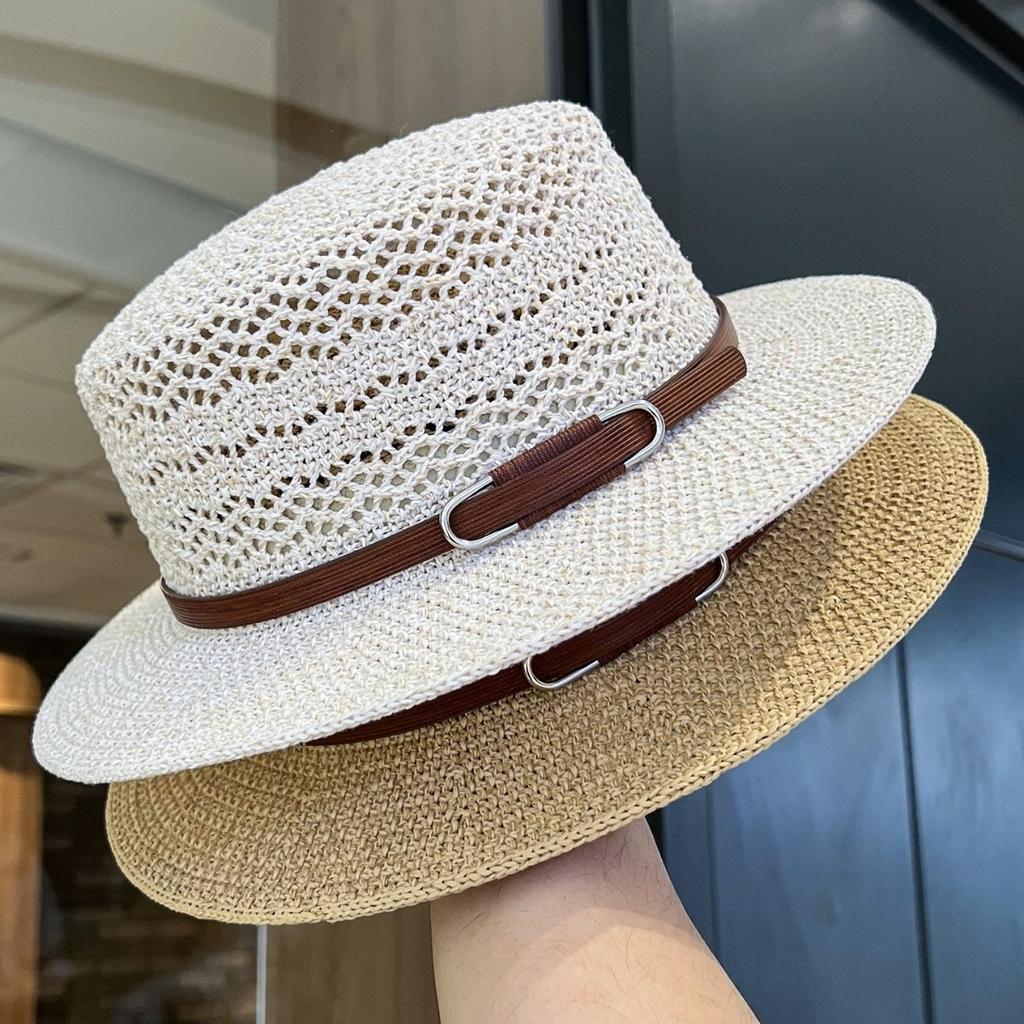 Belt Buckle Flat Top Straw Hat Retro Women'S Summer Uv Protection Sun Hat Hollow Breathable Vacation Sun Protection Top Hat