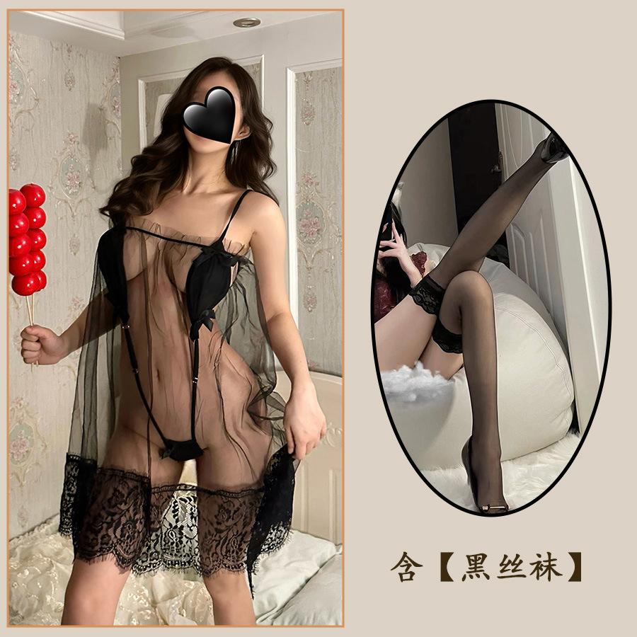 Sex Underwear, Sexy Suspenders, Off-the-shoulder Pajamas, See-through Mesh, Eyelashes, Lace, Nightdress Set.