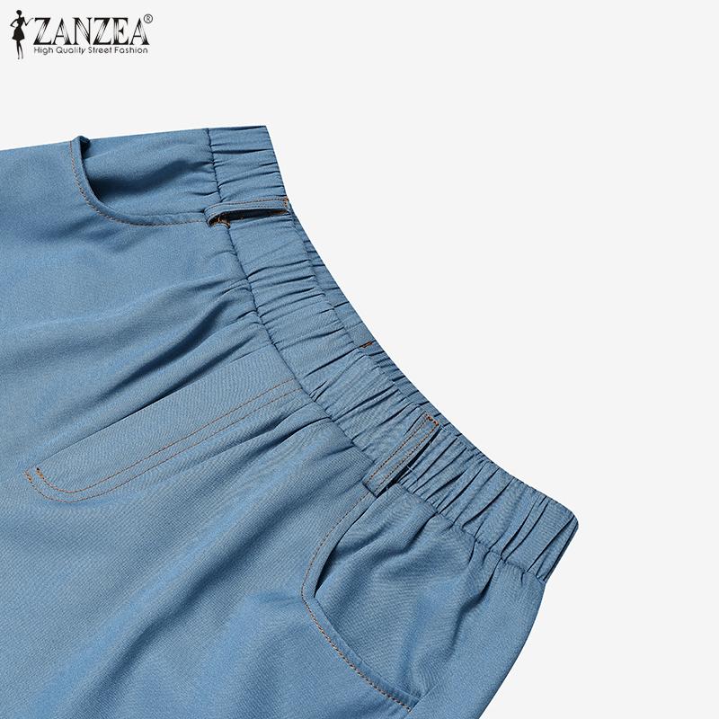 ZANZEA Women Casual Elastic Waist Solid Color Fifth Pants