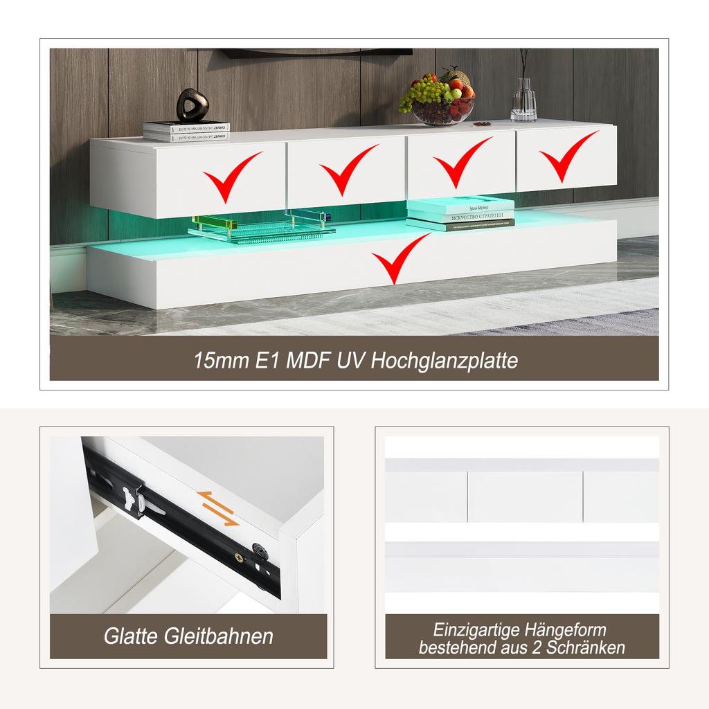 LED TV Lowboard, Wall-Mounted TV Cabinet, Furniture with 2 Cabinets and 4 Large Drawers, LED Lighting Wall Cabinet for up to 55 Inch White 130*33*15cm