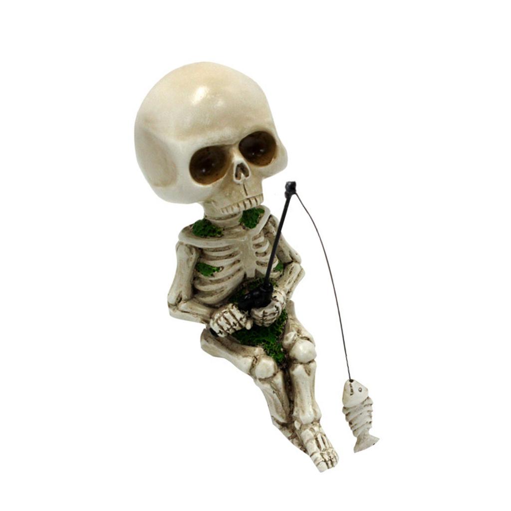 Fishing Skeleton Statue 4.5 Inch Lifelike Resin Small Cute Skeleton Decor for Garden Yard Landscape
