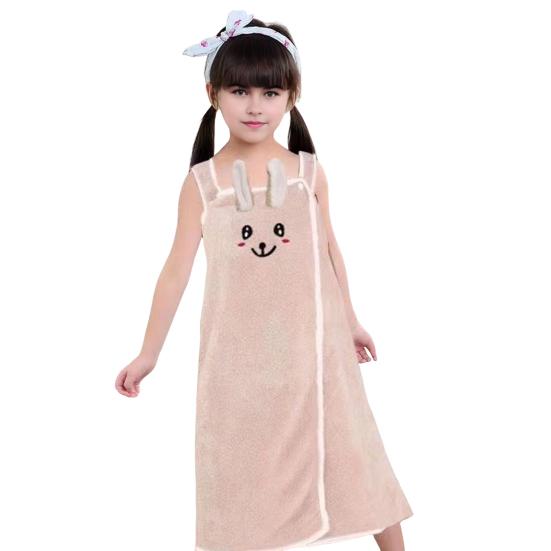 Kids Bath Skirt Rabbit Ear Absorbent Bath Towel Coral Velvet Dress Style Bath Wrap with Shoulder Straps for Beach Swimming Pool