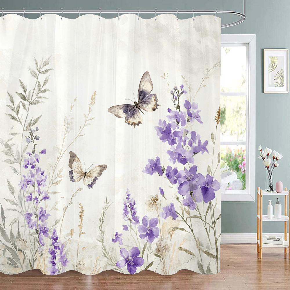 Watercolor Purple Flowers And Butterflies Printed Shower Curtain, Bathroom Curtain, Home Decoration Curtain With Hooks