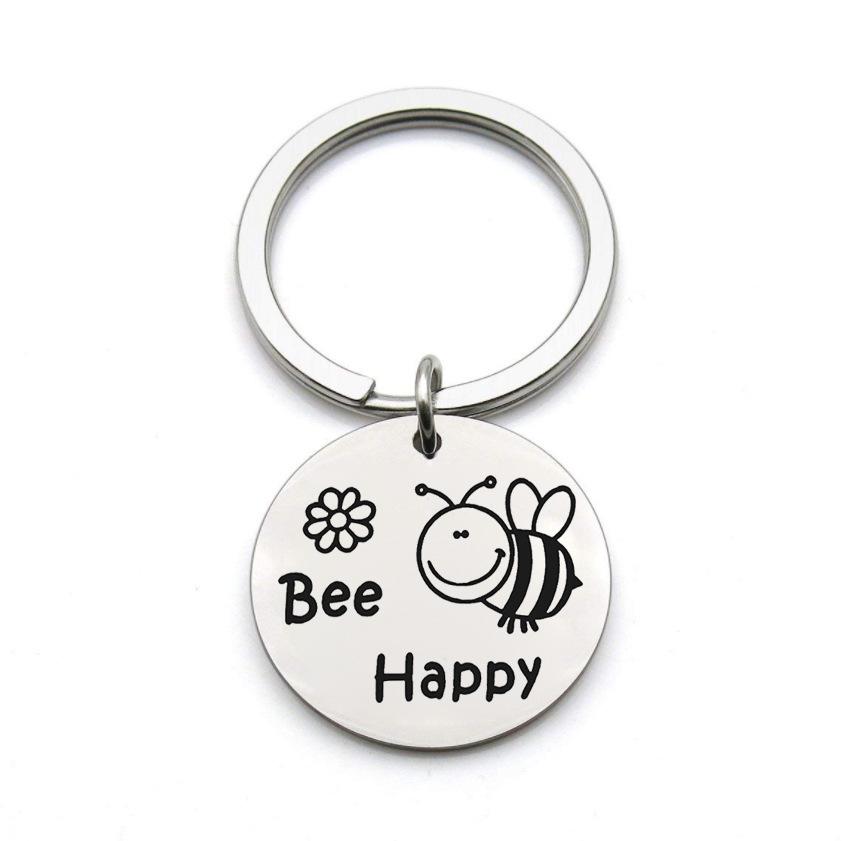 Teachers Day Keychain Bee Happy Little Bee Stainless Steel Keychain Gift Stainless Steel Keychain for Backpack Bag Pendant