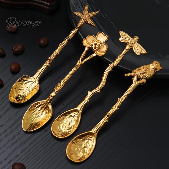 Portable Spoons for Food Photography Vintage Carved Coffee Spoon, Flower/Dragonfly/Bird/Starfish Topper, Zinc Alloy Decorative Tableware Breakfast