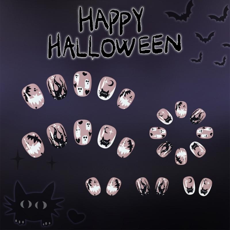24Pcs Halloween Press On Nail,Almond Fake Nail Bat Acrylic Nail Glossy False Nail Stick On Nail Full Cover Fake Nail