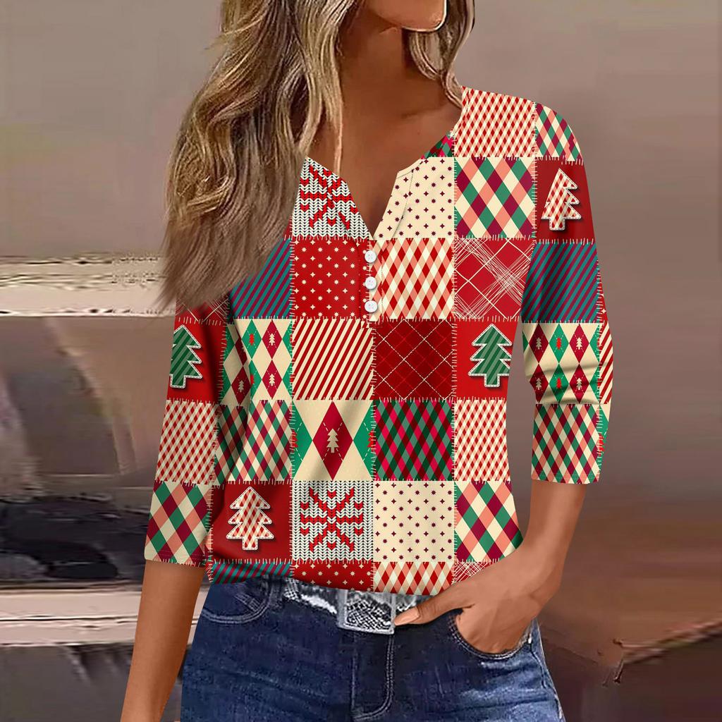 Women's Fashion Casual Three-quarter Sleeve V-neck Floral Print Top