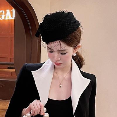 High-end Hat Female Butterfly Mesh Top Hat Showing Face Woolen Jazz Hat British Stewardess Hat