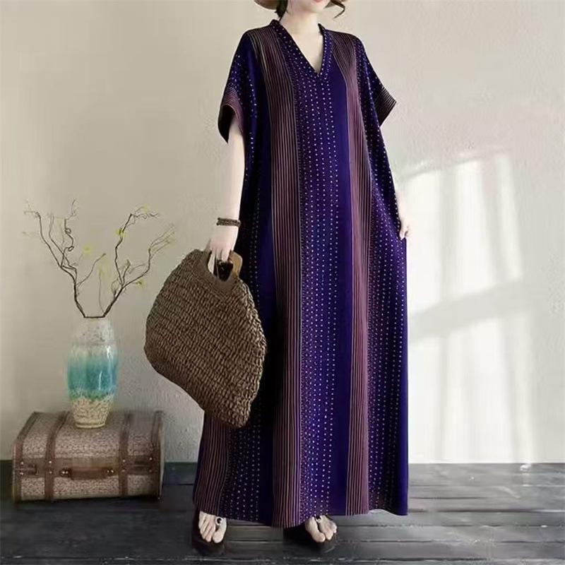 Cotton and linen printed round neck loose large size long sleeve fat MM plus fat plus size fake literary retro dress