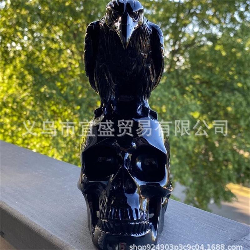 Gothic Skull And Crow Resin Statue Black Halloween Horror Skeleton Bird Figurine For Outdoor Garden Home Tabletop Decoration