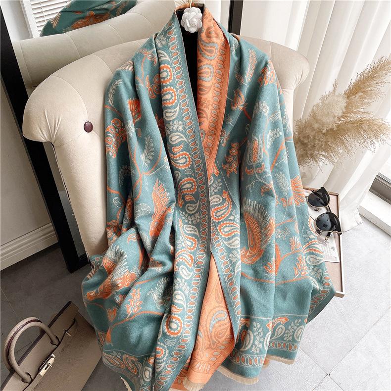 400g Retro Ethnic Bluebird Scarf: Women's Winter Warm Neck Warmer, High-End Imitation Cashmere Shawl.