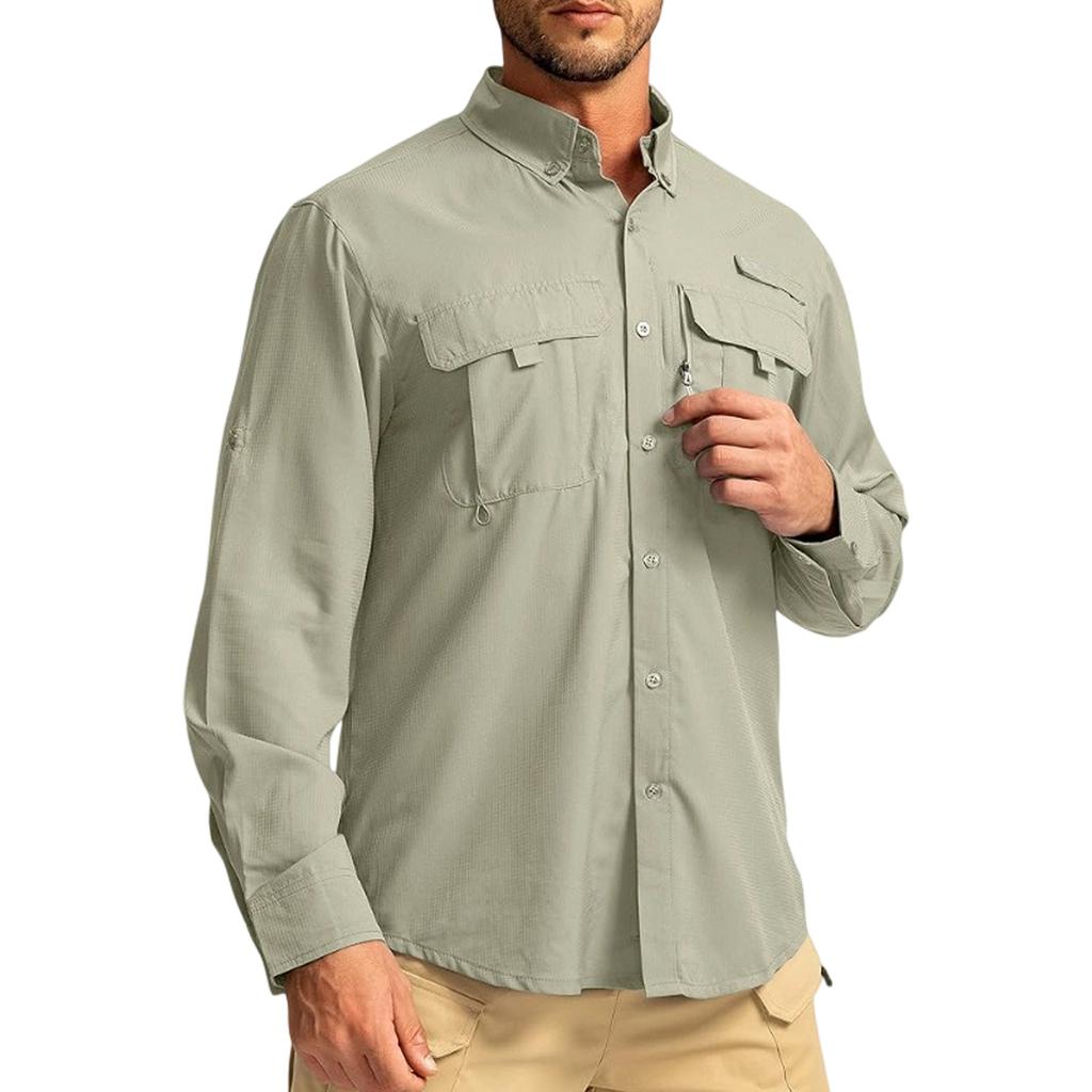 Men's Color Casual Loose Button-Down Collar Faux Pocket Long-Sleeved Shirt