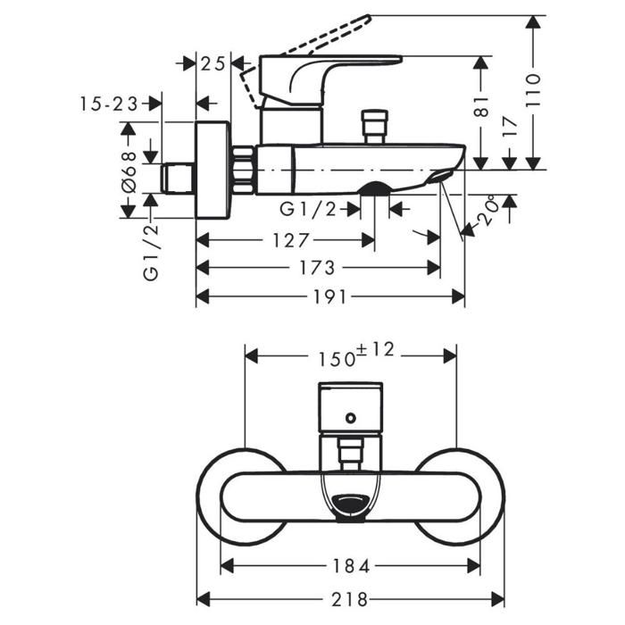 Robinet de baignoire - HANSGROHE - Rebris S - Chromé - 2 fonctions - Design élégant