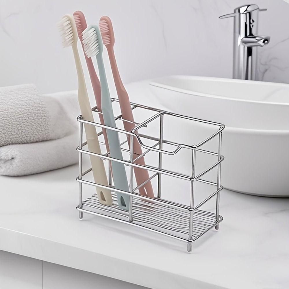 Stainless Steel Toothbrush Holder 5-Slot Layout Bathroom Organizer Countertop Storage