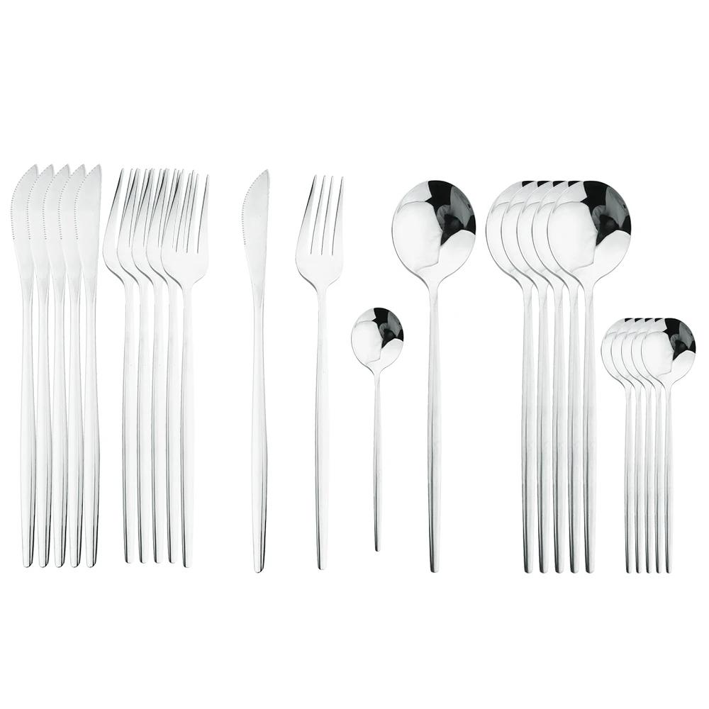 24Pcs Stainless Steel Dinnerware Set Kitchen Fork Spoon Knife Dinner Cutlery Set White Silver Western Flatware Tableware Set