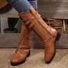 Fashion Autumn and Winter New Colorblocking Leather Boots for Women Round Head Belt Buckle Lace-up Thick Heel Mid-calf Knight Boots
